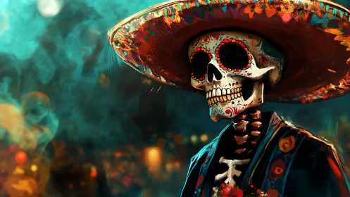 Skeleton in ornate sombrero celebrates Day of the Dead