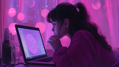 Dreamy young creator studies glowing galaxy on laptop