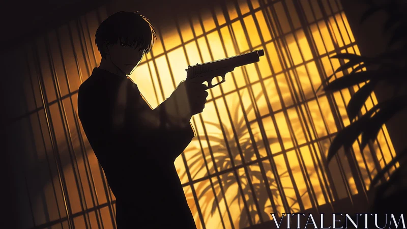 Cinematic anime assassin silhouette in backlit shoji interior.