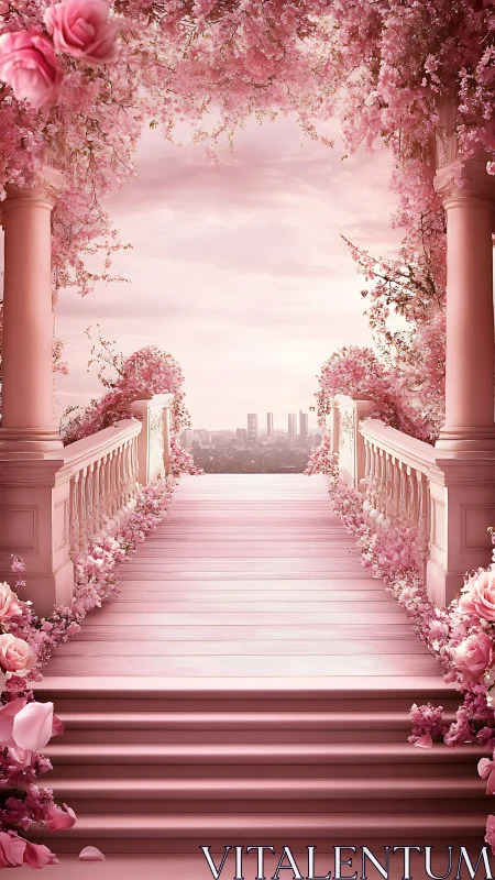 Elevated floral terrace overlooks distant modern city skyline