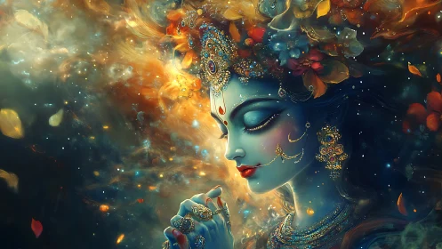 Blue-skinned divine figure with ornate jewelry in cosmos.