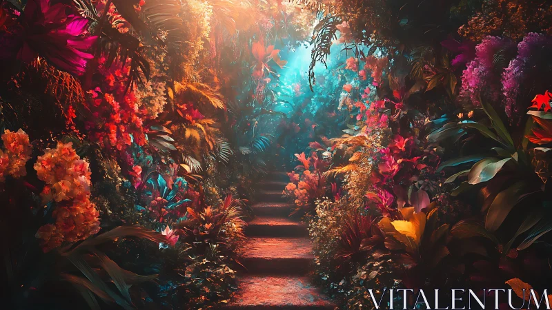 Illuminated Floral Corridor with Warm and Cool Atmospheric Lighting