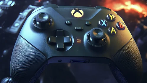 Xbox controller close-up with cinematic sci-fi lighting.