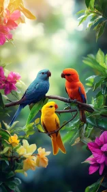 Tri-color parrots perched amid vibrant tropical foliage