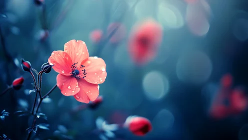 Coral Bloom Catches Rainfall Against Luminous Twilight
