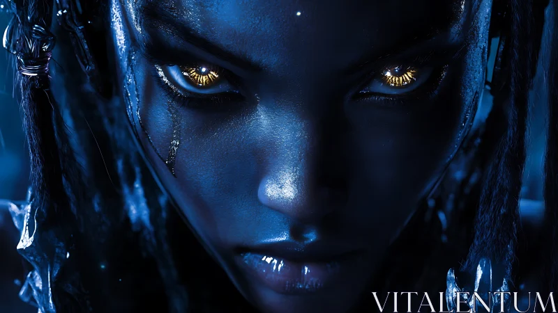 Cybernetic warrior portrait in electric blue frontal close-up.