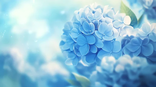 Blue hydrangea blossoms glow softly in dreamy morning light