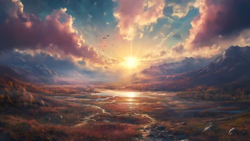 Sunrise riverlands under storybook clouds and ember peaks.