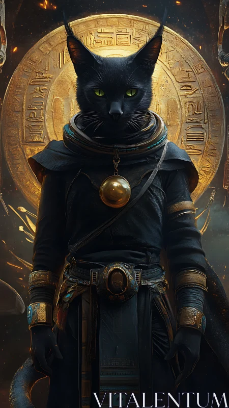 Mythic black feline guardian before radiant golden sigil.