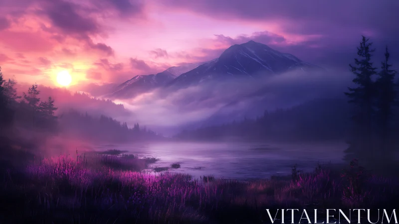 Soft sunrise drifting over misty violet mountain lake.