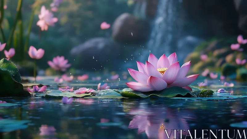 Lotus flower glows on tranquil pond before soft waterfall.