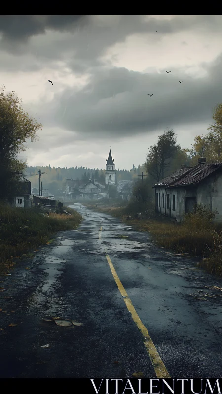 Wet rural road leading toward distant village church tower.