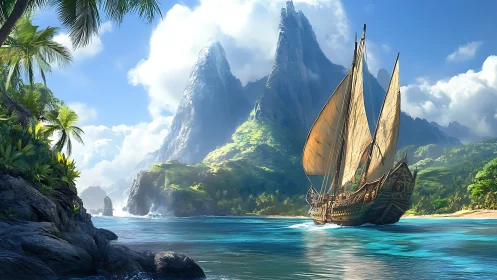 Ancient Vessel Sails Tropical Fjord.