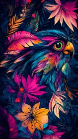 Neon tropical parrot amid vivid jungle florals.