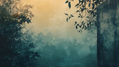 Misty garden wall with overhanging leaves at dawn.