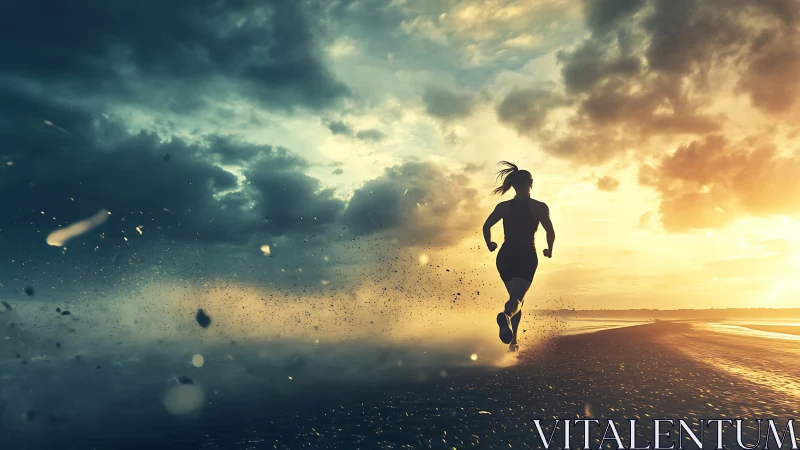 Silhouette runner breaking through dramatic stormy sunrise.