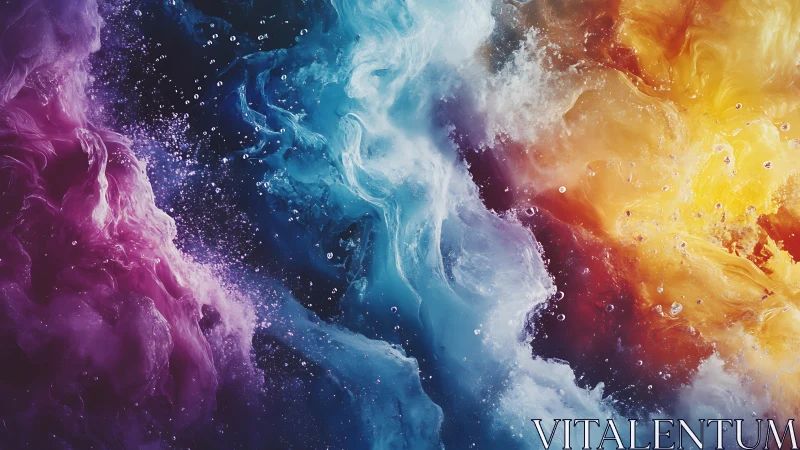 Chromatic liquid nebula with colliding cyan, gold, and violet fields.