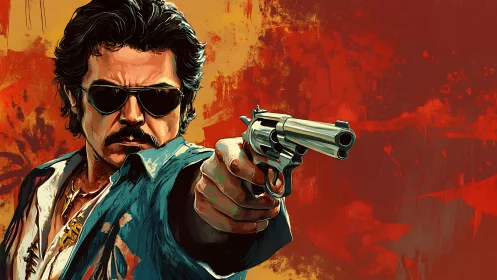 Bold sunglasses and a steel stare in fiery painted drama.