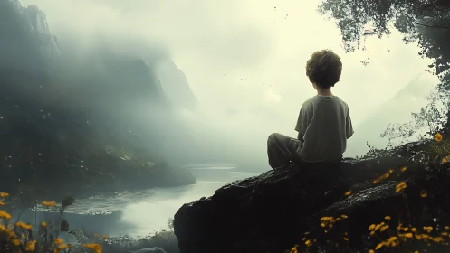 Young boy gazing at misty mountain lake, dreamy cinematic style.