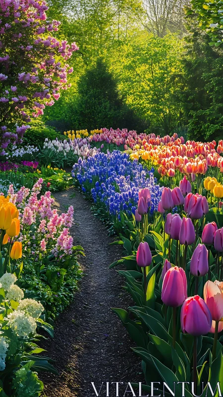 Spring Garden Pathway Through Blooming Tulips.