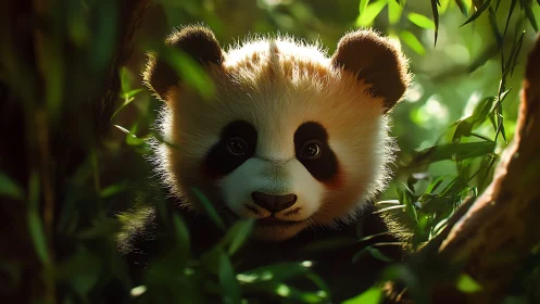 Curious baby panda peeks gently through soft bamboo leaves