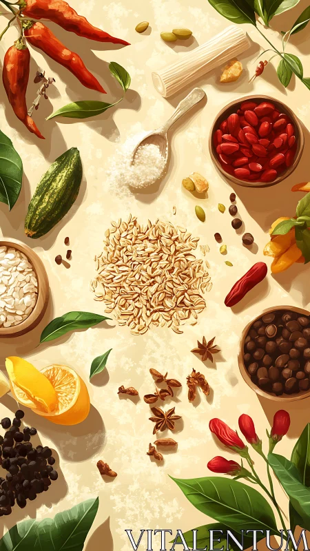 Spices, grains, and herbs arranged in vibrant culinary flatlay.
