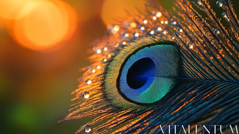 Macro study of peacock feather eye pattern with droplets.