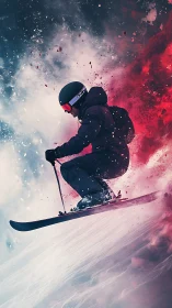 Dynamic skier cuts through neon powder on a steep slope