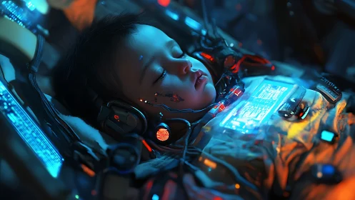 Cybernetic infant sleeps inside illuminated stasis cradle