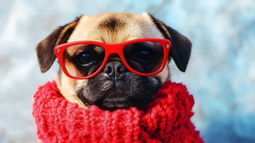 Cozy red-scarf pug in bright glasses posing confidently.