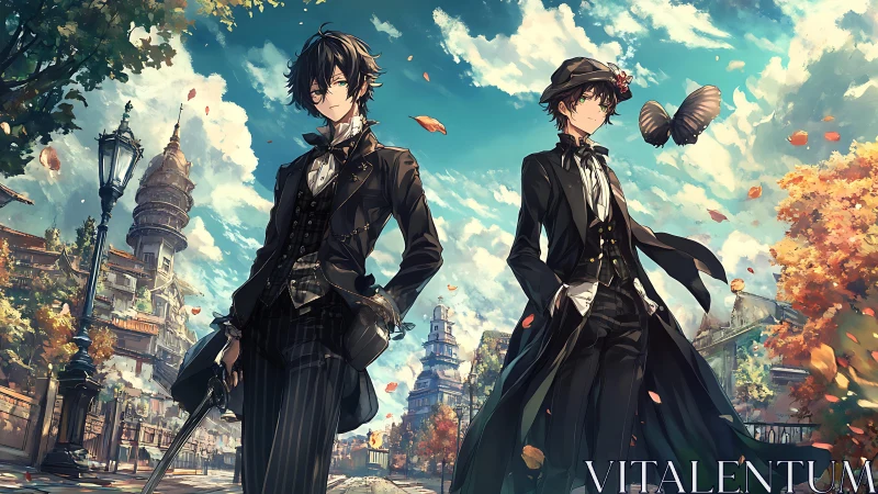 Elegant anime duo stride through a whimsical autumn cityscape