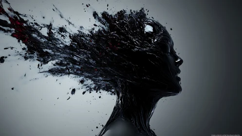 Liquid black profile erupts into dynamic abstract shards