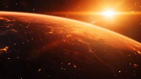 Glowing sunrise kisses a fiery planet in deep space