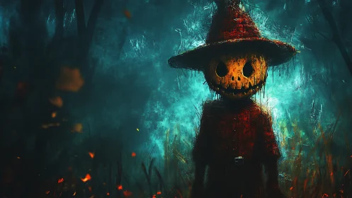 Digital painting of eerie scarecrow in foggy haunted forest.