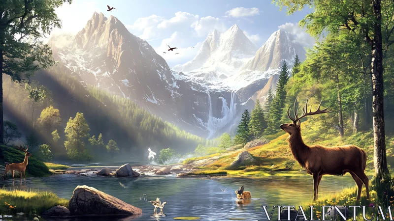 Majestic red deer in alpine valley beside glacial waterfall