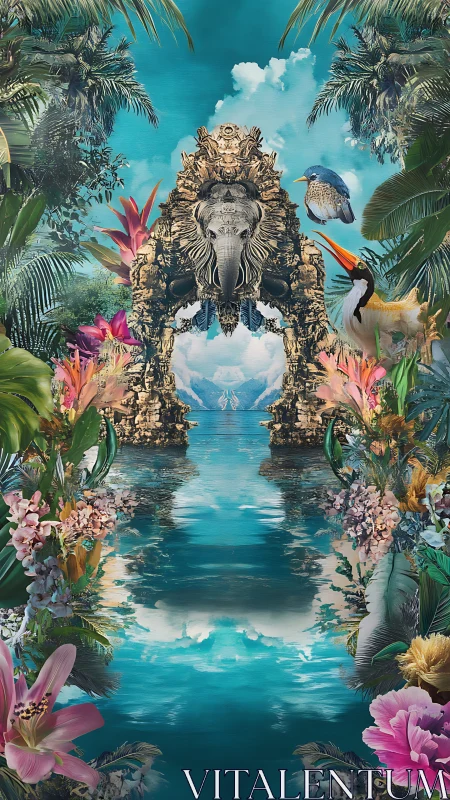 Tropical elephant gate mirroring over turquoise lagoon.