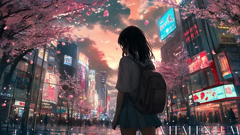 Solitary schoolgirl surveys neon city beneath drifting sakura petals