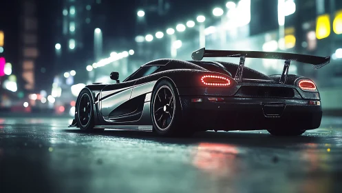 Hypercar rear profile under neon-lit wet urban nightscape