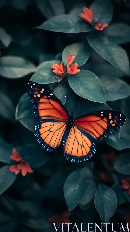 Monarch butterfly on dark green foliage with red flowers.