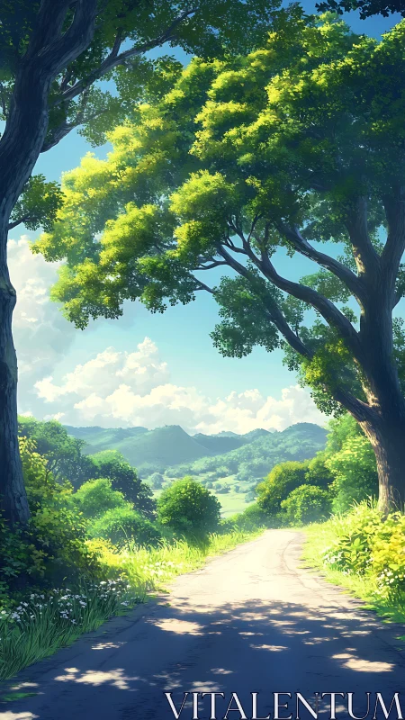 Rural pathway beneath mature trees with valley landscape