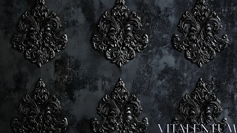 Baroque black damask relief on distressed matte wall surface.