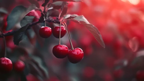 Ripe red cherries on branch with soft sunlit background.