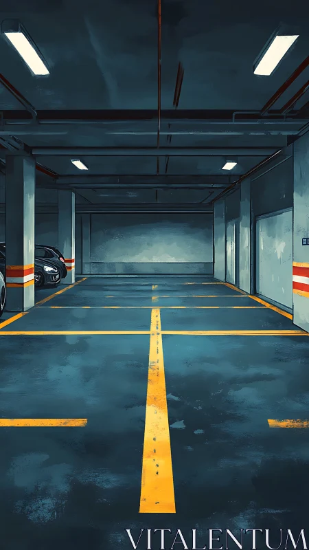 Underground parking bay with yellow guide lines and cool lighting.
