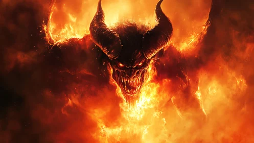 Demonic fire titan erupts from molten inferno, horns blazing