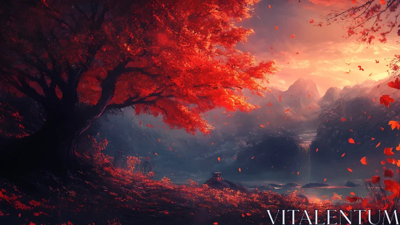 Crimson maple guarding a mist-veiled valley at sunset.