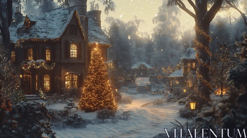 Snowy village street glows under warm holiday lantern light