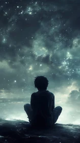 Silhouetted figure observing a luminous cosmic night sky