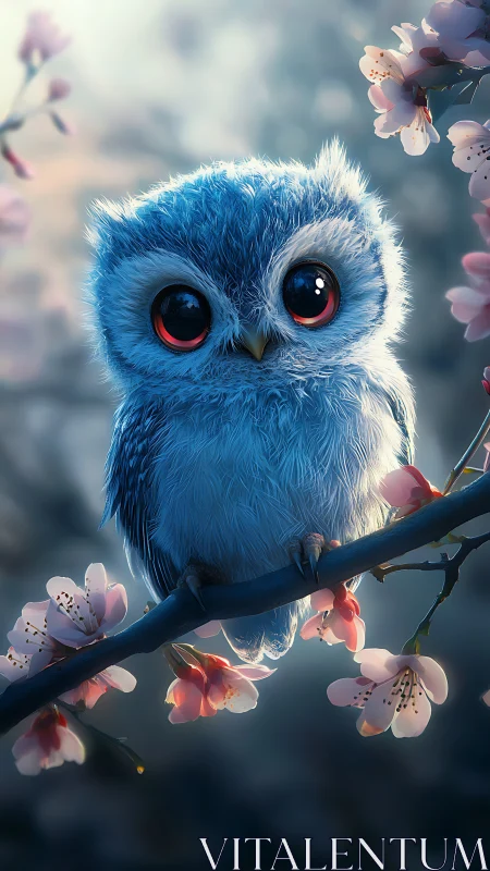 Blue baby owl rests among dreamy cherry blossoms at dusk.