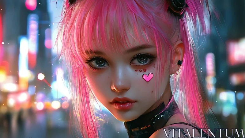 Neon cyberpunk girl with pink hair and glowing hearts.