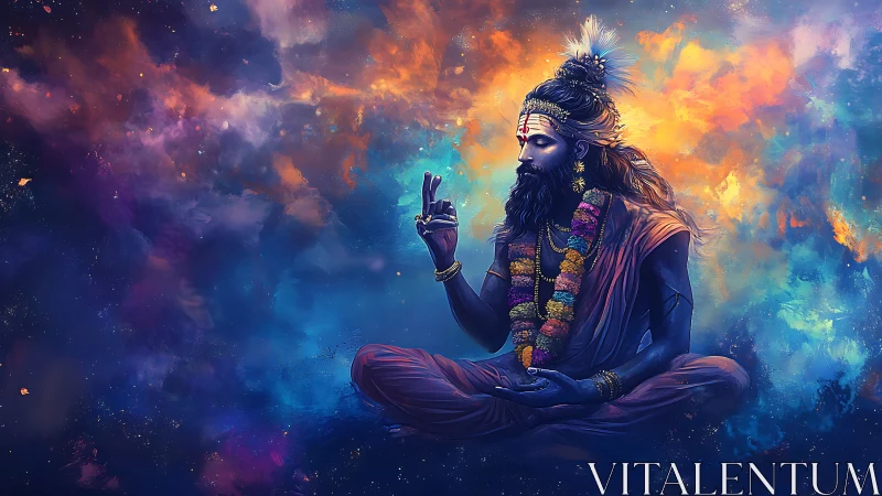 Meditating figure in cosmic landscape with vivid nebula clouds.